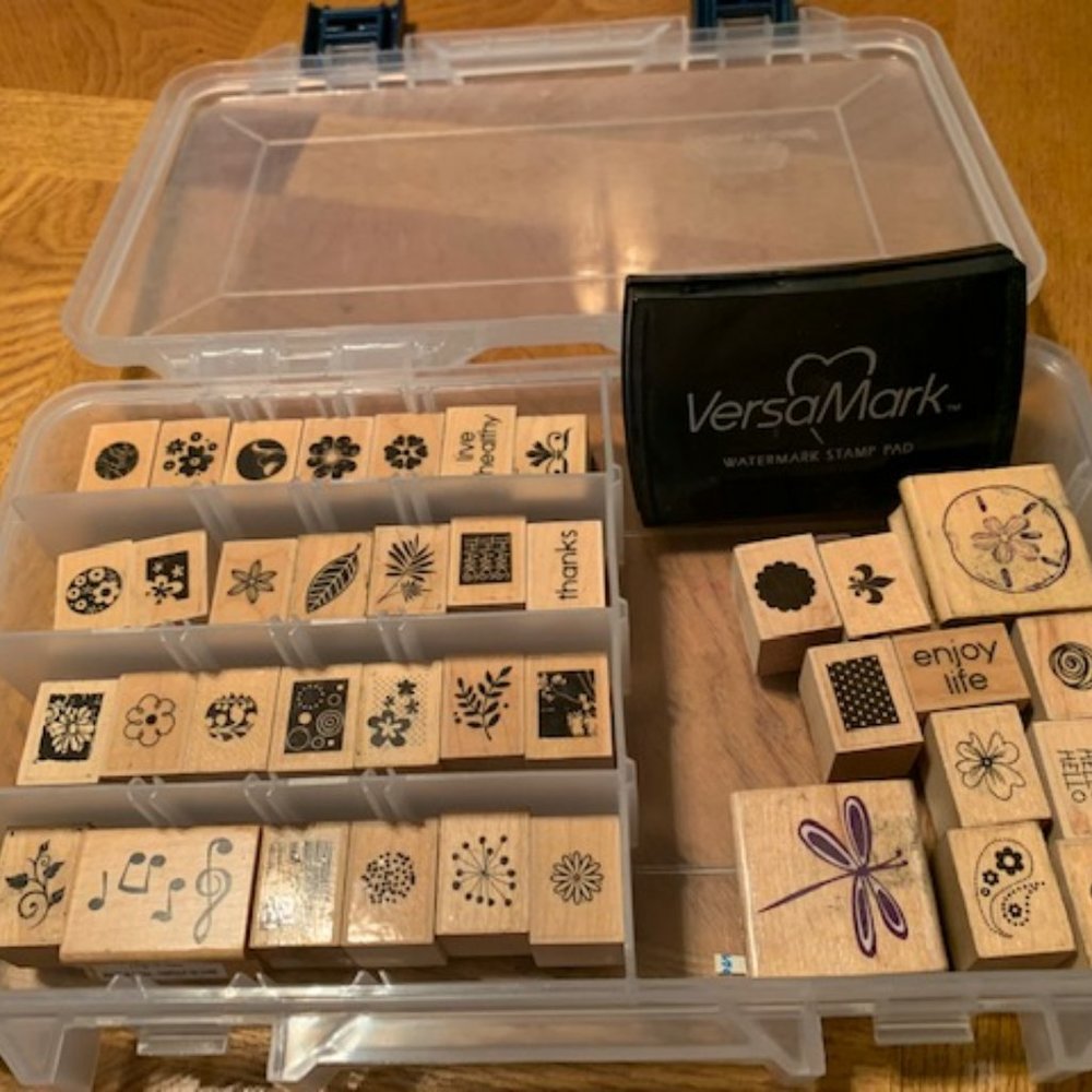 Rubber Stamps - 38 with Various Designs - with Holder